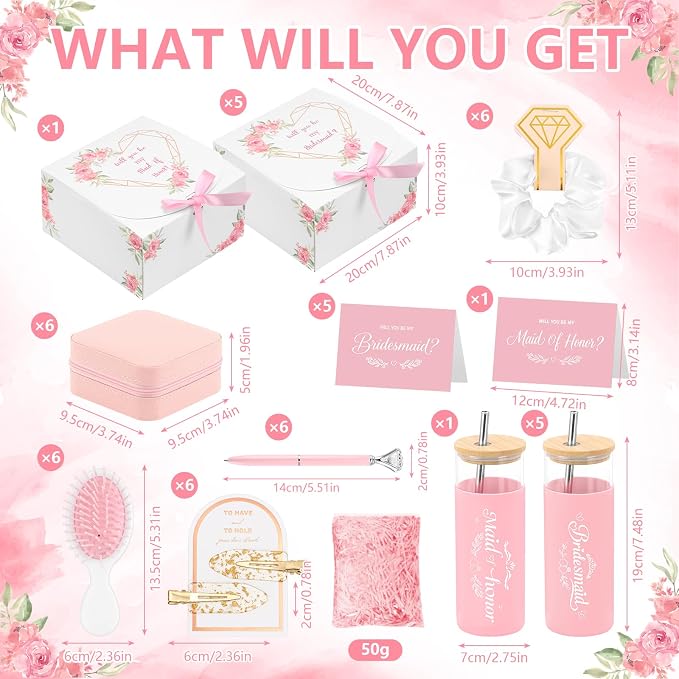 55 Pcs Bridesmaid Proposal Gifts of 6 Sets Maid of Honor Gifts Box Glass Cups Jewelry Box Scrunchies Hair Clips Pen and Invited Cards for Bachelorette Bridal Shower Wedding Party (Pink, 6 Set)