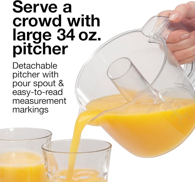 Proctor Silex 34 oz. Electric Citrus Juicer, Orange Juicer | Pressure Activated | 2 Reamers For Big and Small Fruit | Pulp Control | For Orange, Lemon, Grapefruit Juice | White & Green
