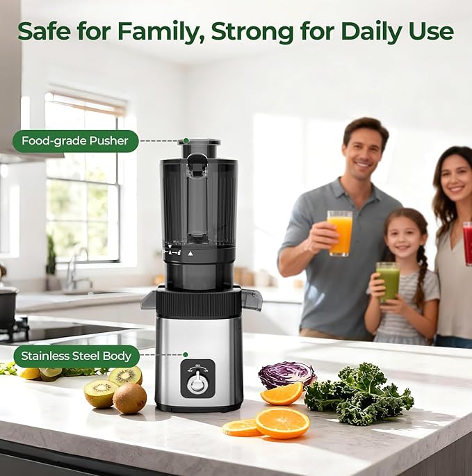 Cold Press Slow Juicer Machine, Compact Slow Masticating Juicer for Vegetables & Fruits, 4.4" Wide Feed Chute, Easy to Clean Stainless Steel Juice Press, Dishwasher Safe, High Juice Yield