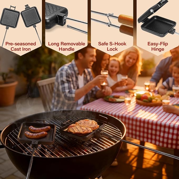 Mountain Pie Maker Cast Iron, Campfire Pie Iron, Hobo Pie Maker for Camping, 2-Pack