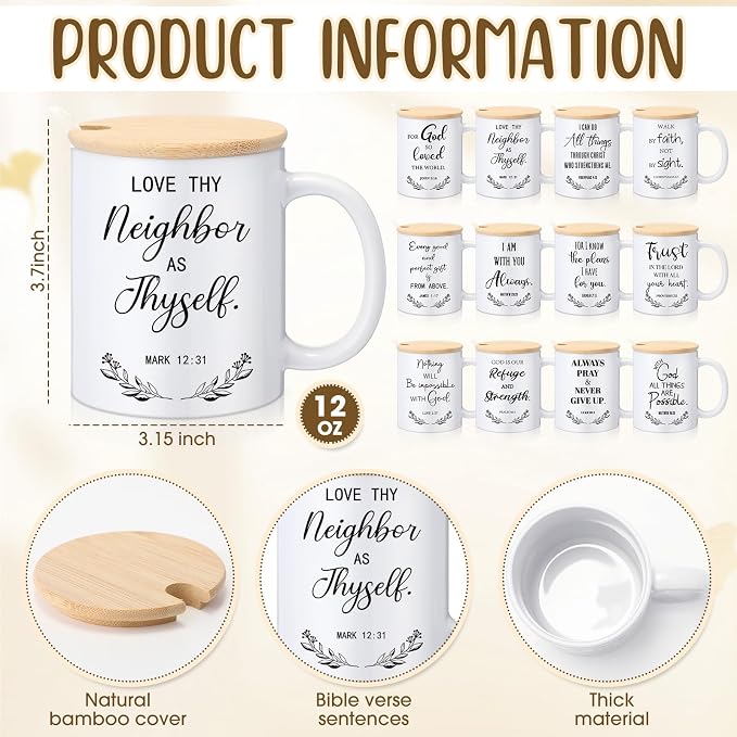 Didaey 12 Sets Christian Gifts Bulk Religious Coffee Mugs 12oz Bible Verses White Ceramic Cup with Lid Handle Spoon Inspirational Mug Church Gift for Men Coworker Employee Staff(Christian)