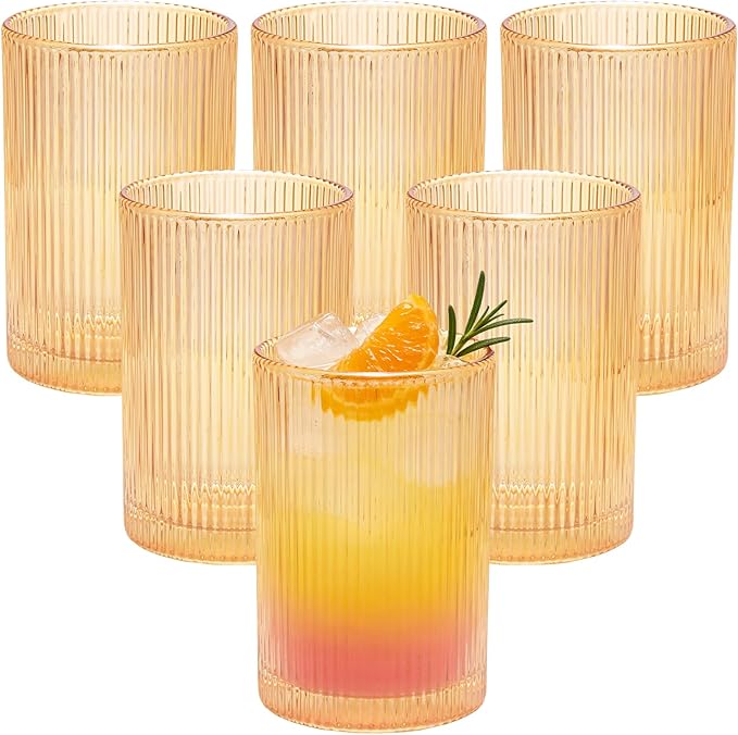 18 oz Ribbed Drinking Glasses Set of 6, High Clear Vintage Iced Coffee Cups Elegant Glassware, Highball Glass Cups Ridged Glass Tumbler for Cocktail, Whiskey, Beer, Water, Juice, Origami Style Amber