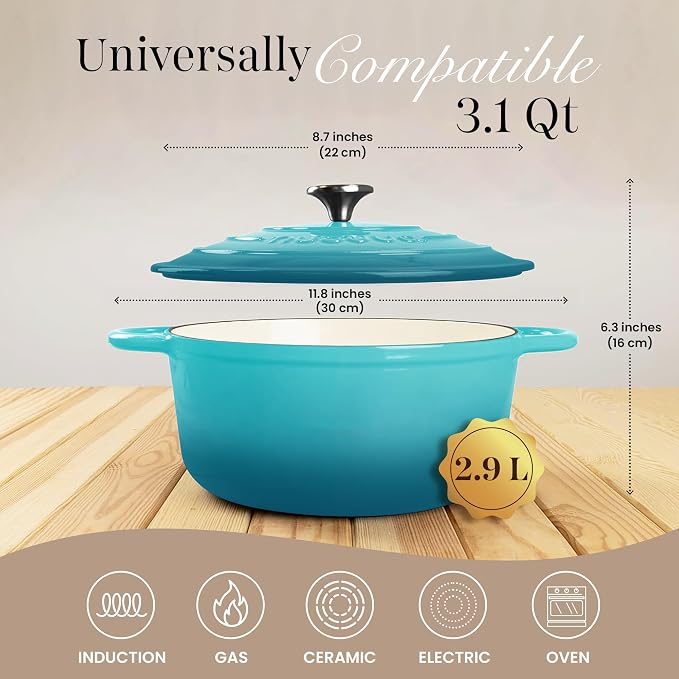 Cast Iron Dutch Oven with Lid - Non-Stick Ovenproof Enamelled Casserole Pot - Sturdy Dutch Oven Cookware - Teal, 3.1-Quart, 22cm- by Nuovva
