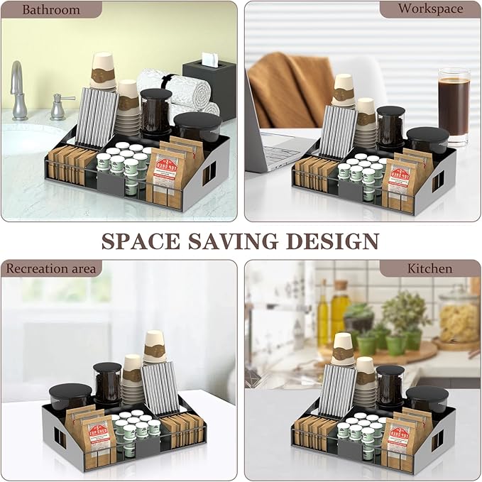 Metal Coffee Station Organizer for Countertop, 2-Pcs Coffee Bar Organizer with Designable DIY Logo, K Cup Pods Holder & Tea Condiment Storage - Rustic Breakroom Kitchen Decor Balck