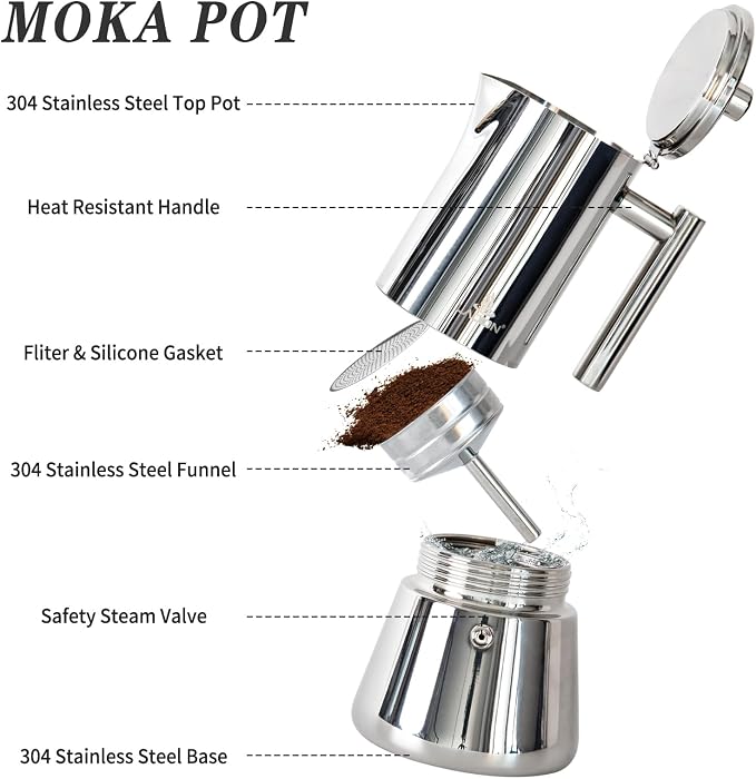 LAOION Stovetop Espresso Maker, 4Cup 6.8 oz Moka Pot, Stainless Steel Cuban and Italian Coffee Maker for Cafetera Cubana, Greca De Cafe Induction Stovetop Compatible, Coffee Gift for Home Travel