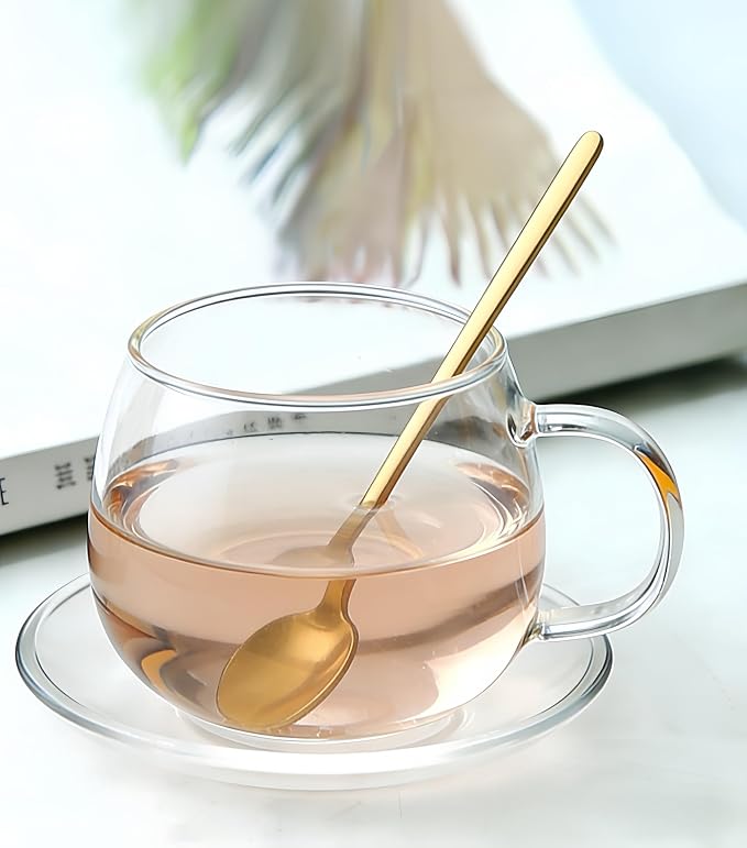 Glass Teacup and Saucer Set, Clear Coffee Mug and Saucer with Gold Stainless Steel Spoon, Teacups for Espresso Cappuccino Latte Tea Juice, 12OZ/350ml (Clear - 1 Pack)