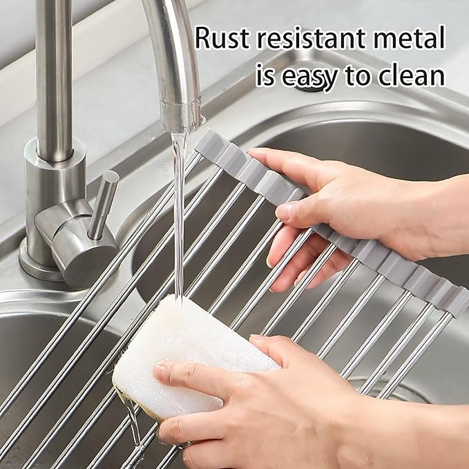 Roll-Up Dish Drying Rack Over the Kitchen Sink, Non-Slip Drain Board Strainer, Drain Board Rust-Resistant Utensil Holder(Small,12-Club)