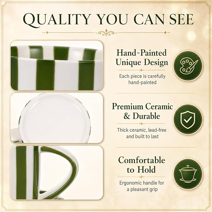 Thenshop 2 Set 8 oz Large Espresso Cups with Saucer, Striped Ceramic Coffee Mugs Great for Tea Hot Chocolate, Microwave Safe, for Women, Men, Modern, Unique Style for Kitchen, Office