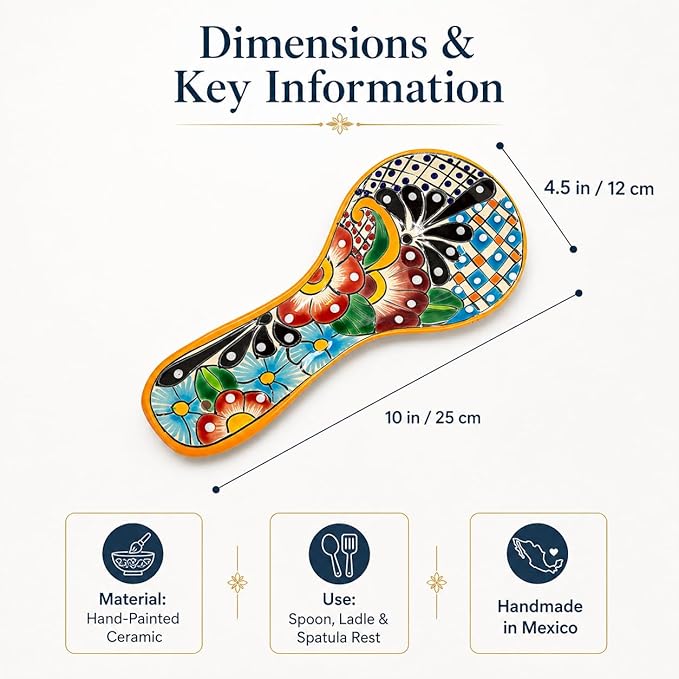 Talavera Spoon Rest – Hand-Painted Ceramic Utensil Rest Handmade in Mexico, 10" Large for Stove Top and Counter, Dishwasher Safe Lead Free, Gift Ready Cuchara Multicolor