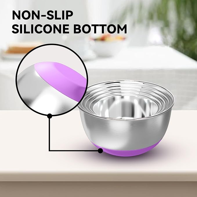 KITEISCAT Stainless Steel Mixing Bowls with Lids – Set of 5 Large Nesting Metal Bowls for Kitchen, Baking, Cooking, Food Prep & Storage, Non-Slip Base, Dishwasher Safe, Multicolor