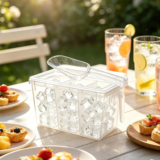 CIEOVO 2 Set 3 Divided Ice Bin for Freezer with Lid and 2 Scoop Set Plastic Freezer Ice Bin with Pull-Out Handle Clear Storage Bucket Kitchen Food Storage Organizer for Home Office Fridge Kitchen