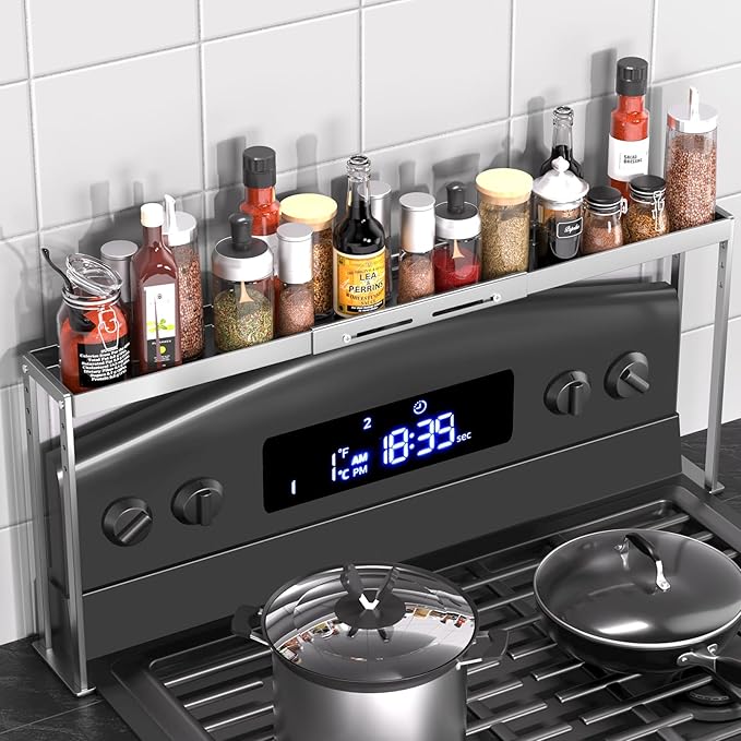 BOIVSHI Stove Top Shelf - Adjustable Oven Shelf for Top of Stove for 27-33inch, Kitchen Spice Organizer, Silver