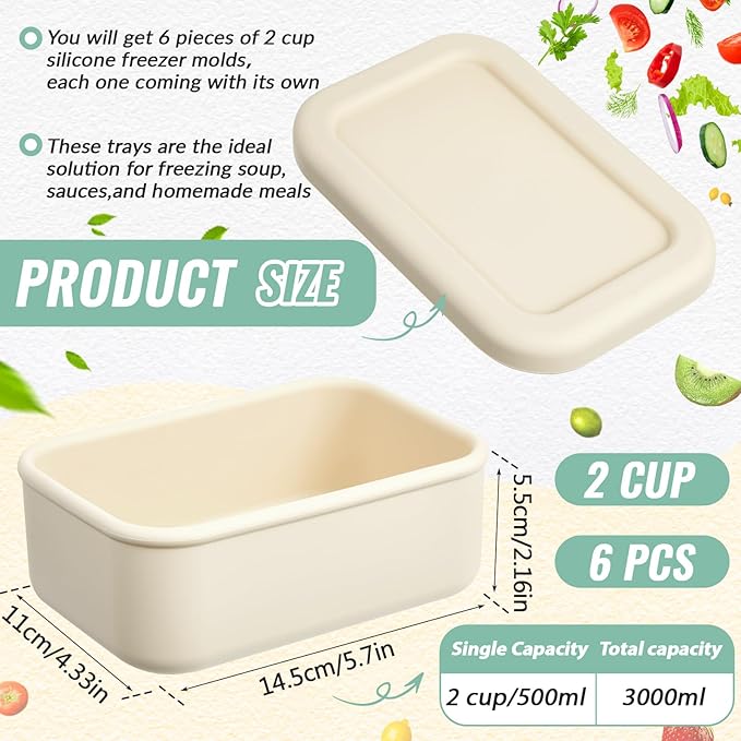 Teenyyou 6 Packs Silicone Soup Freezer Molds with Lid Silicone Soup Freezer Trays Rectangle Reusable Food Preserving Tray Freezing Sauces Stews (Beige,2 Cup)