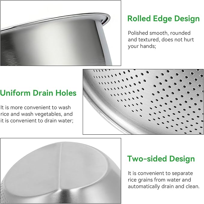 Rice Washer Strainer Bowl, Stainless Steel Rice Washing Bowl Kitchen Washing Basket Basin with Side Drainers Small Colander for Rice, Vegetables & Fruit(22.5CM)
