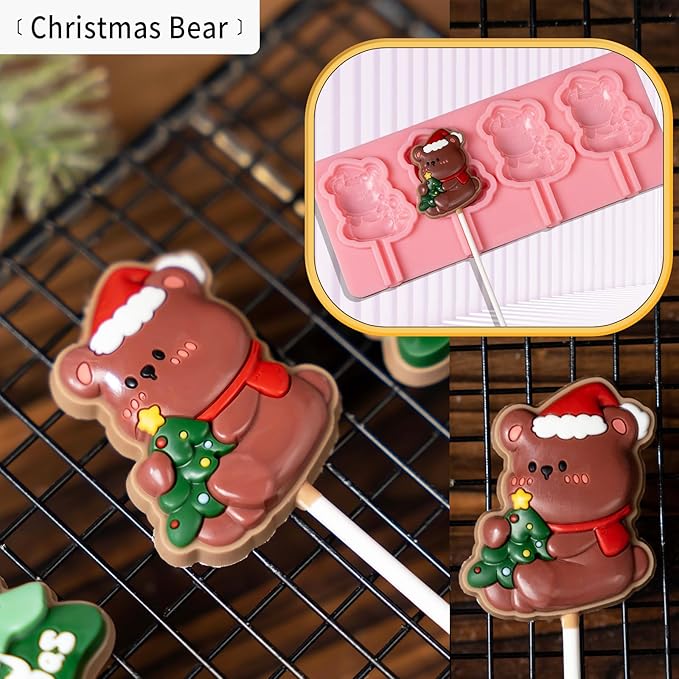 KALAIEN 4 Pack Christmas Lollipop Molds Set, Christmas Silicone Molds Candy Gummy Mold for Chocolate with 100pcs Lollypop Sucker Sticks