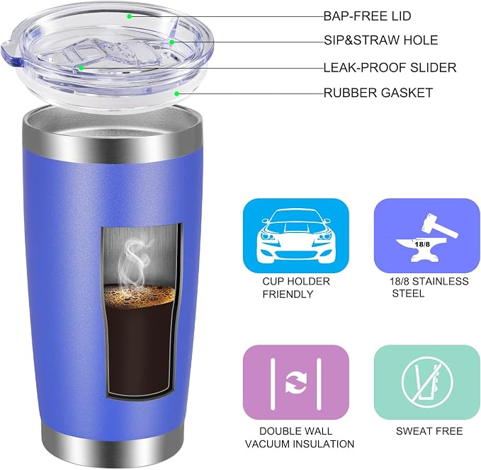 VEGOND 20oz Tumbler with Lid and Straw Stainless Steel Tumbler Cup Bulk Vacuum Insulated Double Wall Travel Coffee Mug Powder Coated Coffee Cup, Blue, 12 Pack