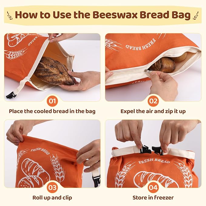 2 Pack Beeswax Bread Bags with Zipper, XL(13x17in) Sourdough Bread Storage for Homemade, Freezer Storage Bag to Keep Fresh, Cotton Beeswax Container, Baguette Bag with Liner, Kitchen Baking (Orange)