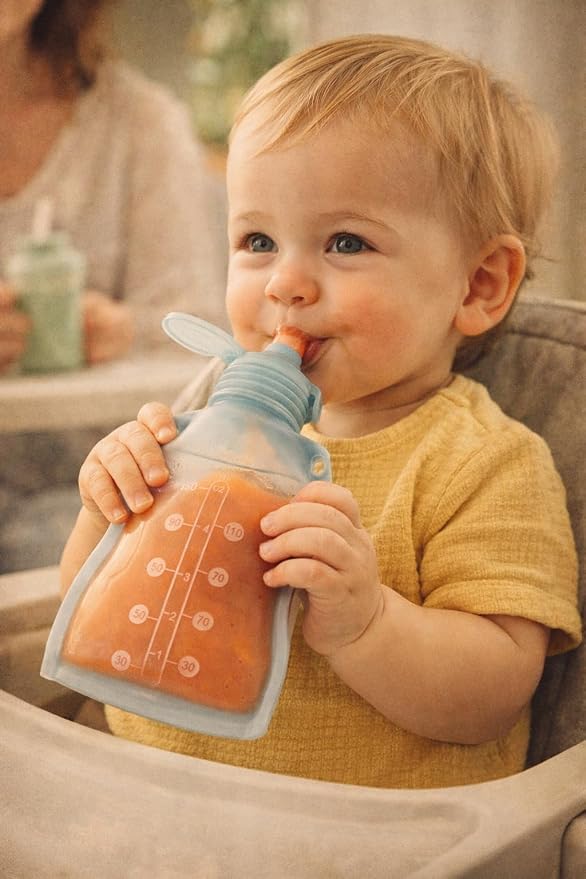 haakaa Silicone Yummy Pouch 4.5 oz – Reusable Silicone Snack & Smoothie Pouch, Refillable, Leak-Resistant, Dishwasher Safe, Eco-Friendly Food Storage for Kids & Toddlers (2-PK, Mist Blue)