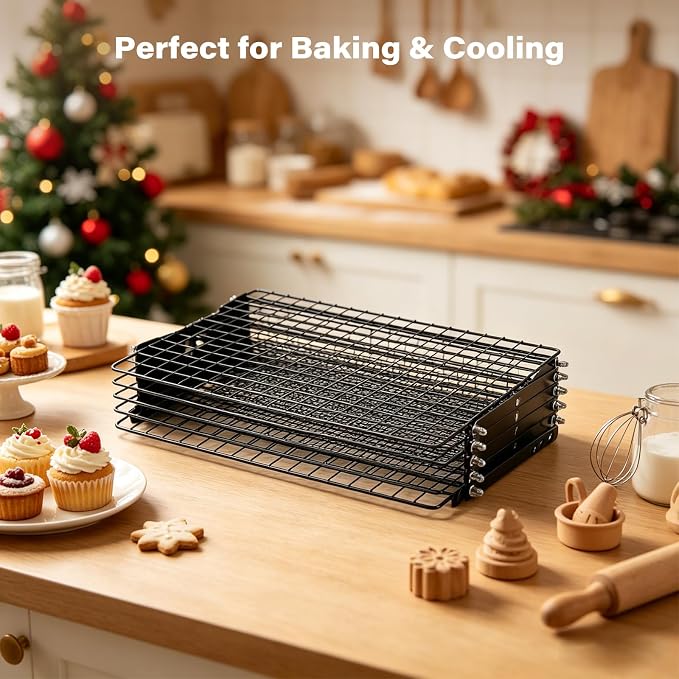 5 Tier Upgraded Collapsible Cooling Rack with Adjustable 3 Setting Design, Stackable Baking Rack with Clean Brush, Roasting Cooking Drying Wire Cooling Rack for Cookies Baking Roasting ＆ Grilling