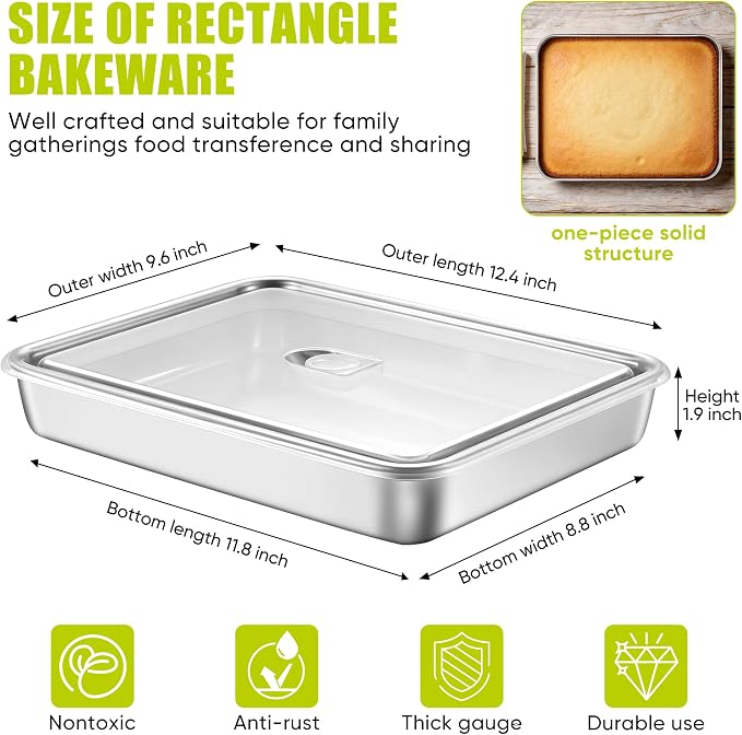 E-far Lasagna Pan with Lid, Stainless Steel Rectangular Cake Baking Pan with Cover, 12⅓x9¾x2 Inch Metal Bakeware Brownie Casserole Oven Tray Sheet, Deep Side & Heavy Duty, Anti-Rust & Dishwasher Safe