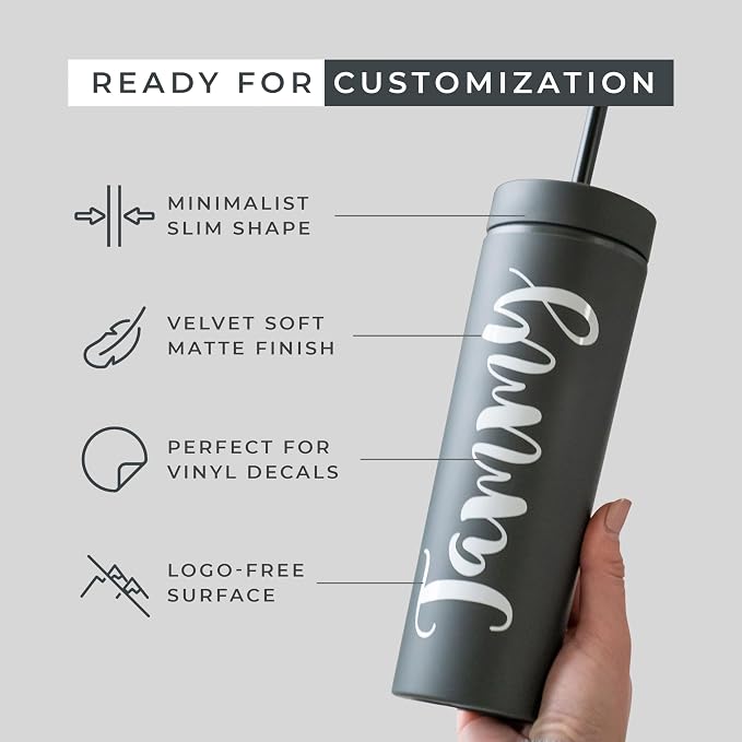 SKINNY TUMBLERS Matte Pastel Colored Acrylic Tumblers with Lids and Straws (4 pack) | 16oz Double Wall Plastic Tumblers With FREE Straw Cleaner! Reusable Cup With Straw | Vinyl DIY Gifts (Black)
