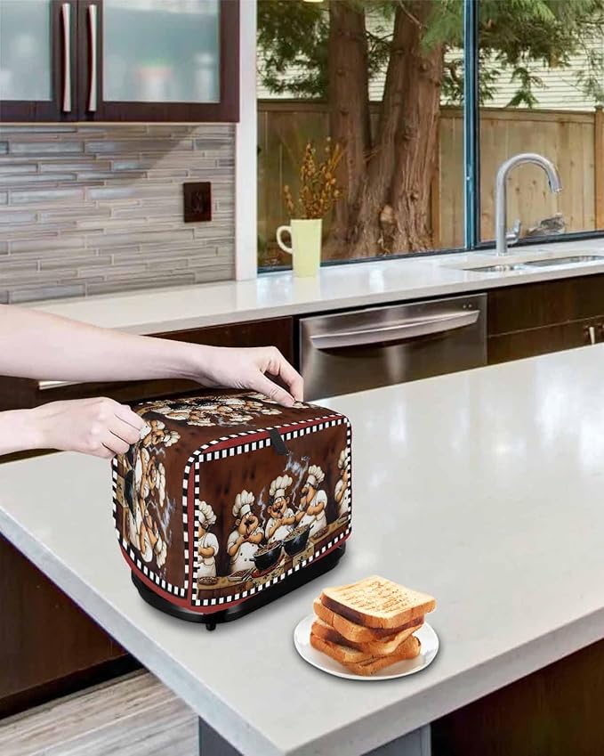 Kitchen Fat Chef Toaster Cover 2 Slice, Vintage Cook Gourmet Dustproof Bakeware Oven Protector with Top Hook, Red Black Plaid Waterproof Small Kitchen Appliance Toasters Dust Cover, 11"x6"x8"