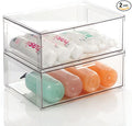 mDesign Plastic Stackable Bathroom Storage Organizer Bin Containers with Front Pull Drawer for Bathroom Countertop, Vanity, Closet Shelves - Holder for Accessories - Lumiere Collection, 2 Pack, Clear