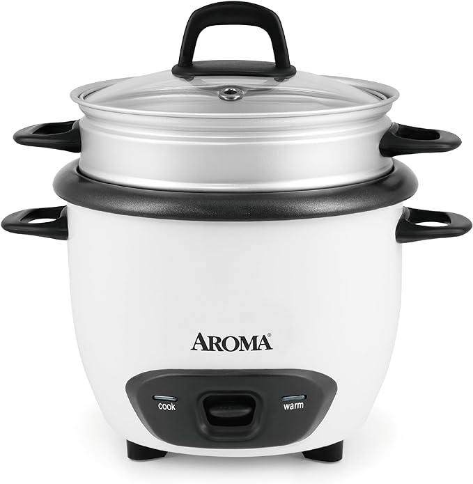 AROMA® Rice Cooker, 3-Cup (Uncooked) / 6-Cup (Cooked), Steamer, Small Rice Cooker, Oatmeal Cooker, Soup Maker, Auto Keep Warm, 1.5 Qt, White, ARC-743-1NG