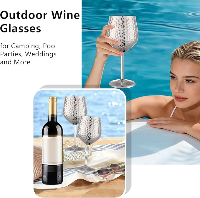 UNISWEET Stainless Steel Wine Glasses Set of 4 Unbreakable (Silver) | 17 oz Large-capacity Hammered Goblets, Lightweight & Reusable, Good for Outdoor, Camping, Pool Travel, Gift for Wine Lovers