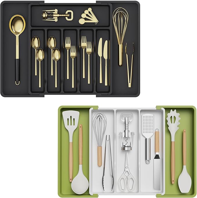 Lifewit Utensil Organizer for Kitchen Drawers, Expandable Cooking Utensil Tray, Adjustable Cutlery Silverware Flatware Holder, Plastic Spatula Tools and Gadgets Storage Divider