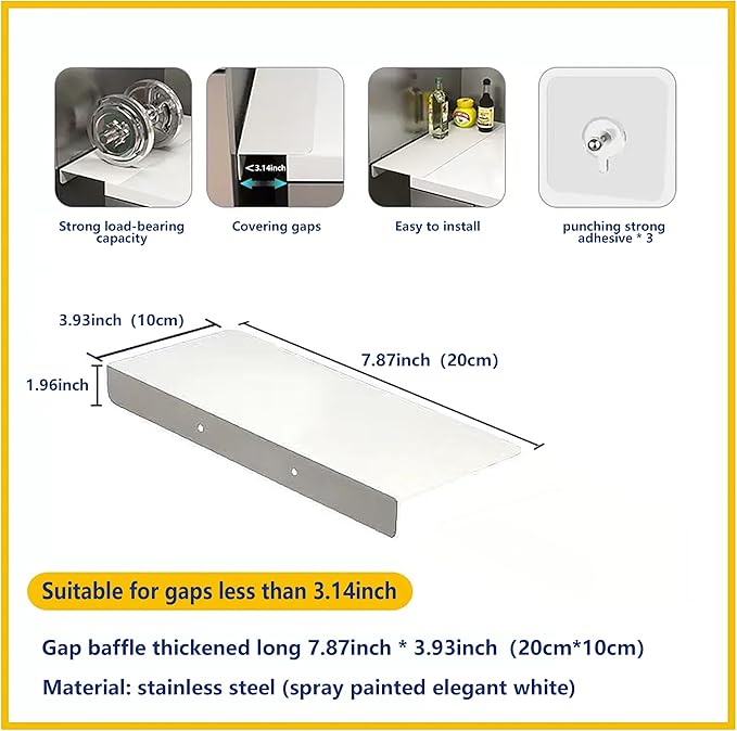 Metal Kitchen Refrigerator Gap Partition Countertop Gap Extension Board,Gap Covers Between Countertop and Walls, Refrigerator Side Partition, No Drill(White,7.87 * 3.93inch)