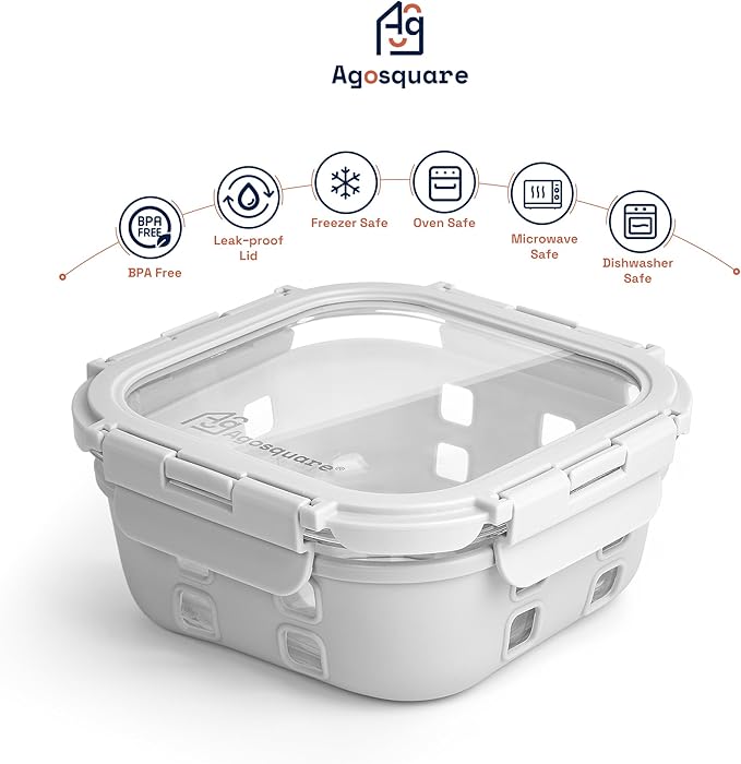 Glass Food Storage Containers with Glass Lids – 28oz Meal Prep Containers, Lunch Box with Silicone Sleeve – Stackable Containers for Lunch & Leftovers