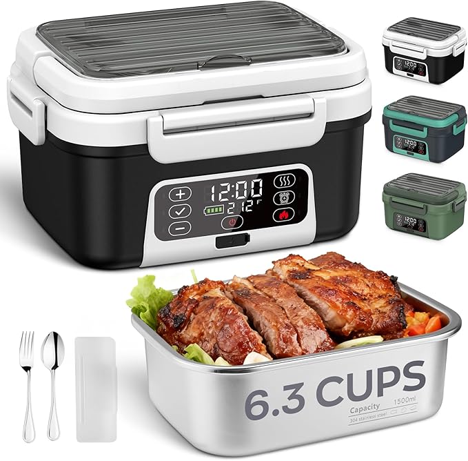 Cordless Electric Lunch Box, 6.3 Cup 100W Heated Lunch Box with 20000mAH Battery Powered for Self Heating, Including Fork Spoon and Insulated Bag for Men Women Adults, BPA Free(Black+White)