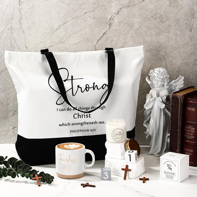 LemonRoad 3 Pcs Christian Gift for Women Inspirational Large Handle Bag Ceramics Coffee Mug Religious Scented Religious Gift for Grandparent Vbs Church Party