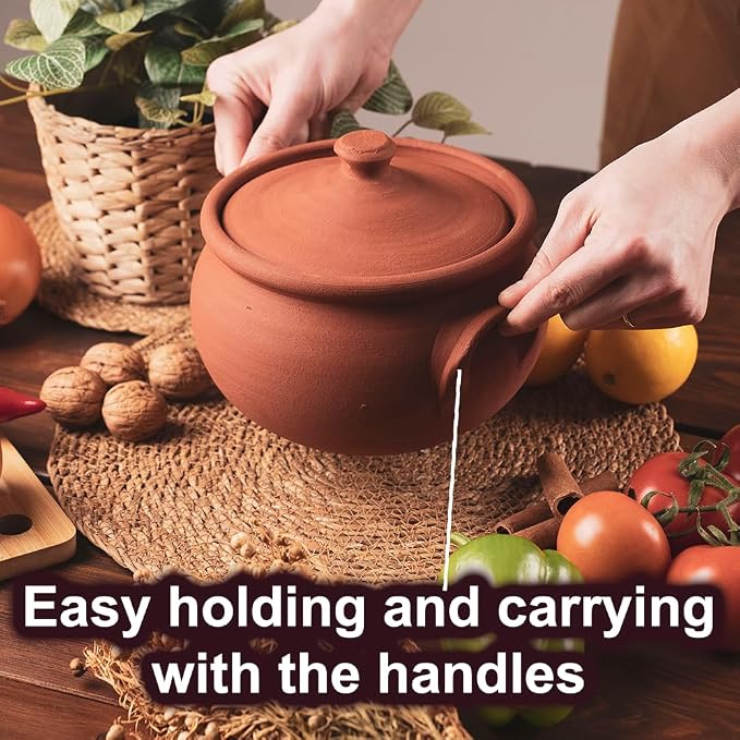 Earthenware Clay Mud Eathern Terracotta Cooking Pot Pottery Cazuela Cookware with Lid Natural Stovetop Stove Top Stone Stew Rice Unglazed Mexican Indian Kitchen Oven Terra Cotta Handcrafted Traditional Healthy (2.1 Quarts - Size3)