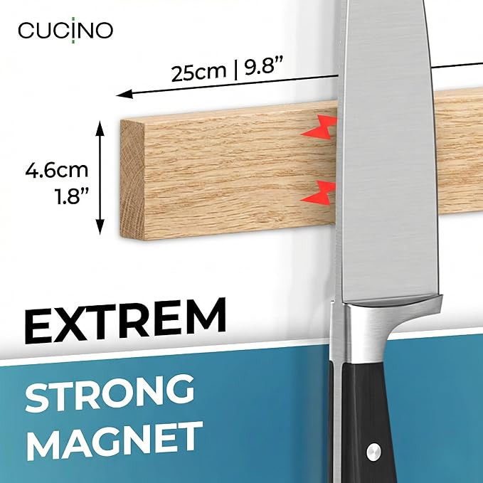 CUCINO Magnetic Knife Holder for wall, 10" no drilling required, includes self-adhesive tape, extra strong for holding knives – Awarded magnet strip – Oak