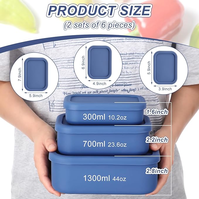 Blushtier 2 Sets of 6 Silicone Food Storage Containers with Lid Silicone Bento Box Rectangular Lunch Box Hard Shell Containers Microwave Dishwasher Freezer Safe, 10 oz, 23.6 oz, 44 Ounce(Blue)