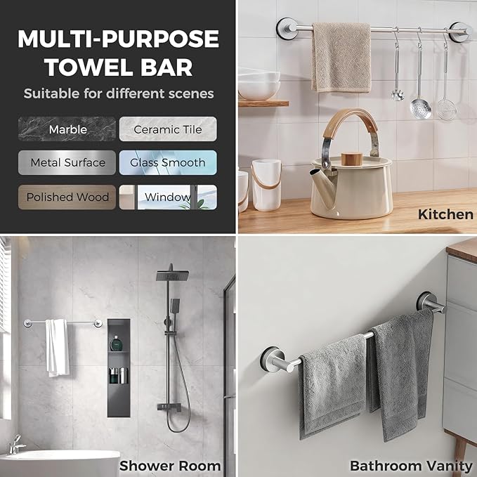 Adjustable Suction Cup Towel Bar for Bathroom Wall,14.6Inch~24 Inch Towel Racks for Bathroom,Stainless Steel Bath Towel Holder for Shower(Brushed Silver)