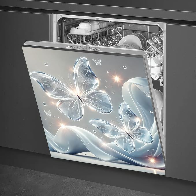BlissYard Butterfly Dishwasher Magnet Cover 23x26 Inch Floating Crystal Butterfly Design Magnetic Dishwasher Cover Butterfly Kitchen Decor Refrigerator Magnet Sticker Appliance Cover Protector
