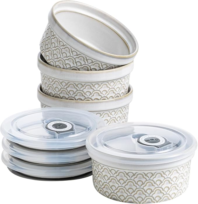12 oz Ramekins with lids Oven Safe, Ceramic Creme Brulee Ramekins with Covers, Cute Ramekin Sets, Small Serving Baking Bowls food storage containers set of 4, Beige Cloud