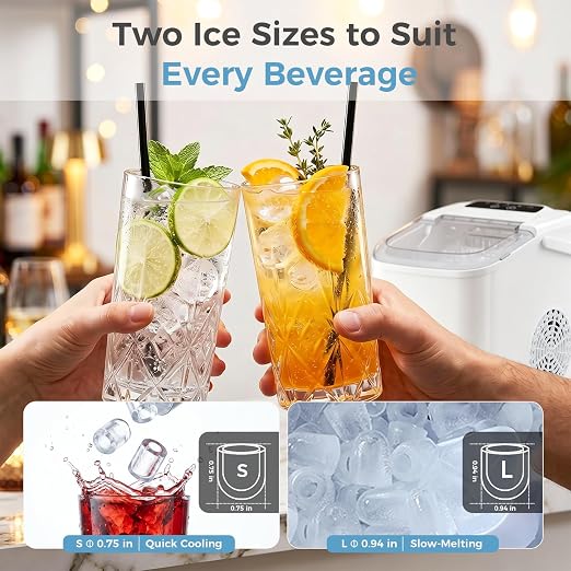 Countertop Ice Maker, Portable Ice Machine with Carry Handle Basket and Scoop, 9 Bullet Cubes Ready in 6 Mins, 26lbs Daily, Self-Cleaning for Home, Kitchen, Camping, RV