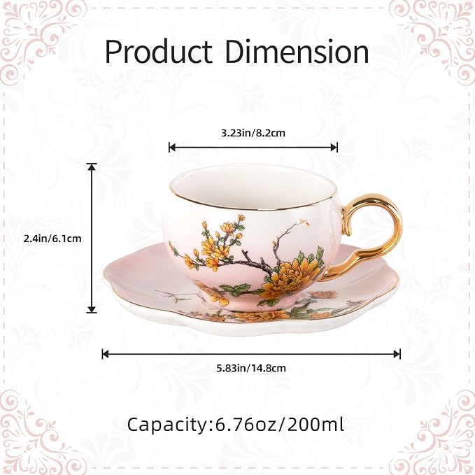 KAMMAK Tea Cups and Saucers Set of 2, Porcelain Coffee Cups, Stackable Espresso Mugs, Ceramic Demitasse for Coffee, Latte, Americano, Tea, Gradient - Pink + Blue
