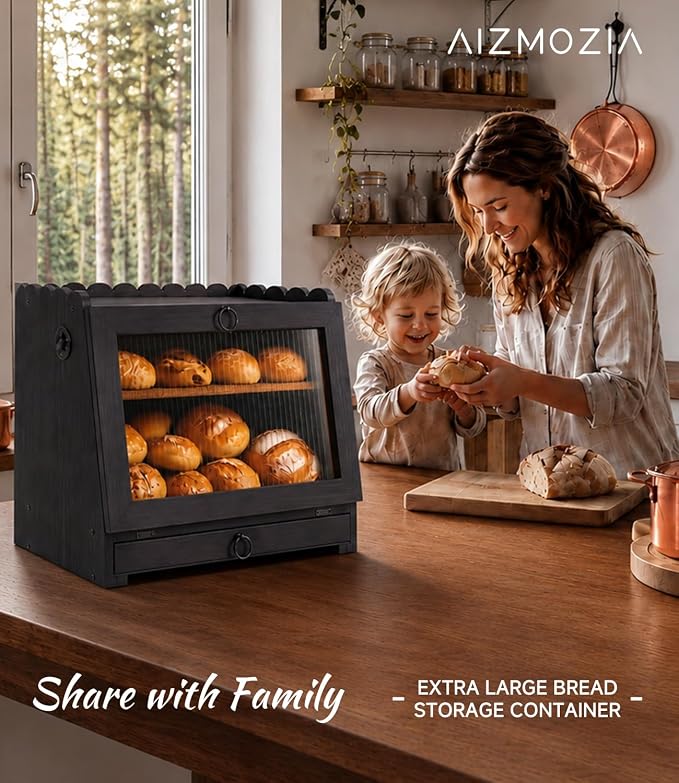 Bread Box for Kitchen Countertop Wooden Double Layer Bread Storage Container Bin Breadbox Holder Large Capacity Keeper Vintage Farmhouse Food Organizer (Black, Large)