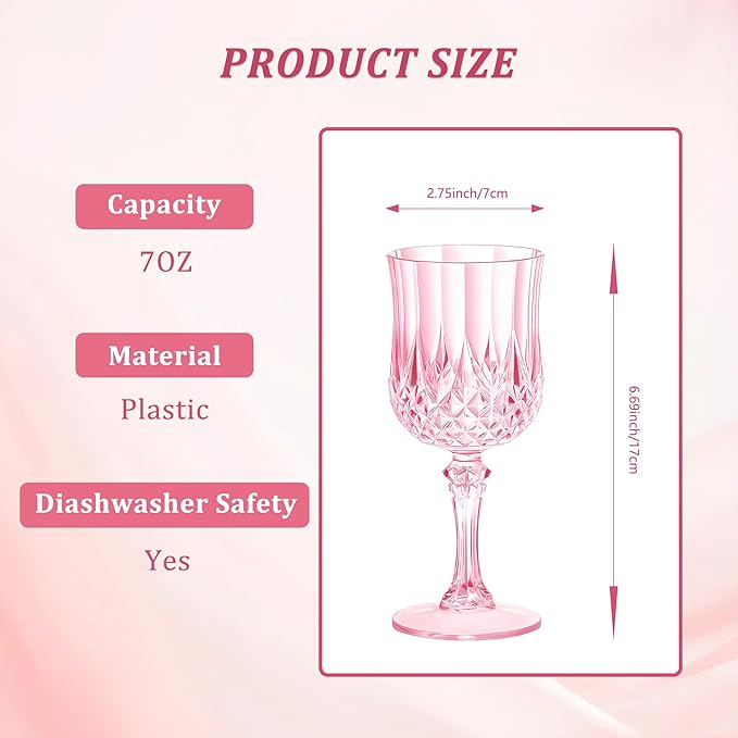 7OZ Plastic Wine Glasses, Reusable Vintage Goblets Unbreakable Drinking Glasses Crystal Water Cups Champagne for Wedding, Parties (12, Pink)