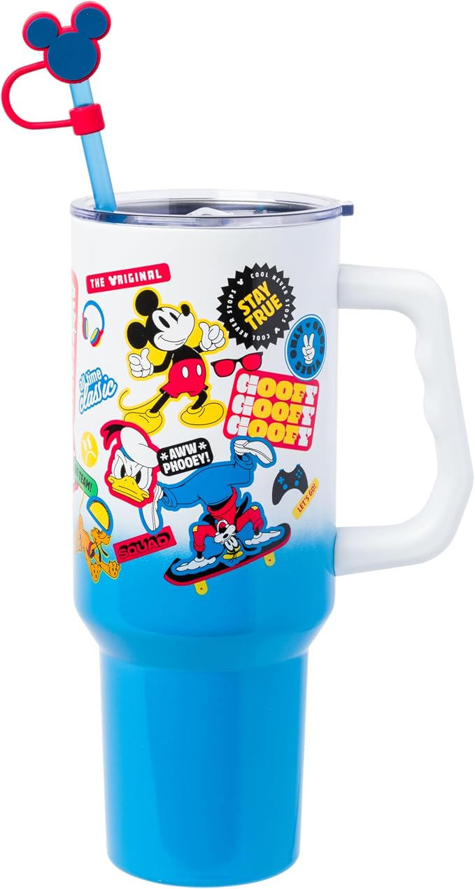 Silver Buffalo Disney Mickey and Friends Featuring Donald Duck, Daisy Duck, Minnie Mouse, Mickey Mouse, Goofy, and Pluto Stainless Steel Tumbler with Straw Cover, Lid, Straw, and Handle, 40 Ounces