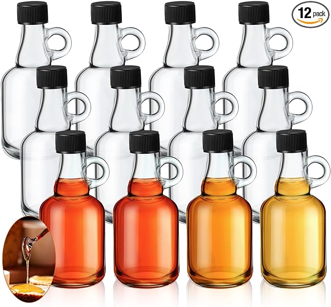 Blushtier 12 Packs 3.4 oz Glass Syrup Bottles with Handle and Black Lids, Mini Maple Syrup Bottles for Party & Wedding Favors Gifts, Honey, Coffee, Juice