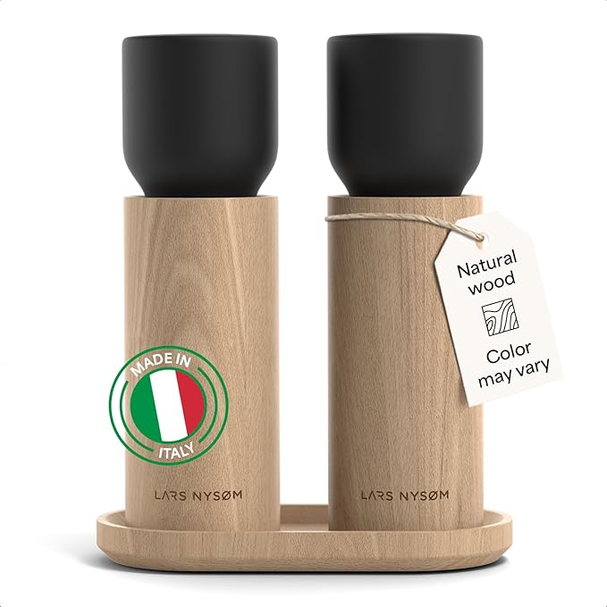 LARS NYSØM Wooden Salt and Pepper Grinder Set Manual with Tray - Salt and Pepper Mills with Adjustable Ceramic Grinder - Elegant Beechwood Pepper and Salt Mill Set for Dining Table (Carbon Black)