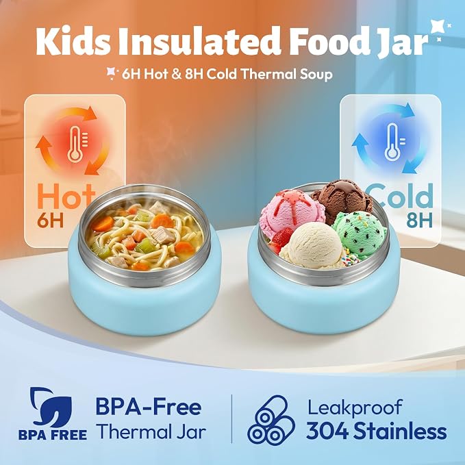 Itslife Bento Box for Kids Set, Insulated Food Container,Kids Lunch Box, 7 oz Thermos for Hot Food, 12 oz Thermos Water Bottle, Reusable Insulated Ice Bag & Fork Spoon Utensils Camping Travel Blue