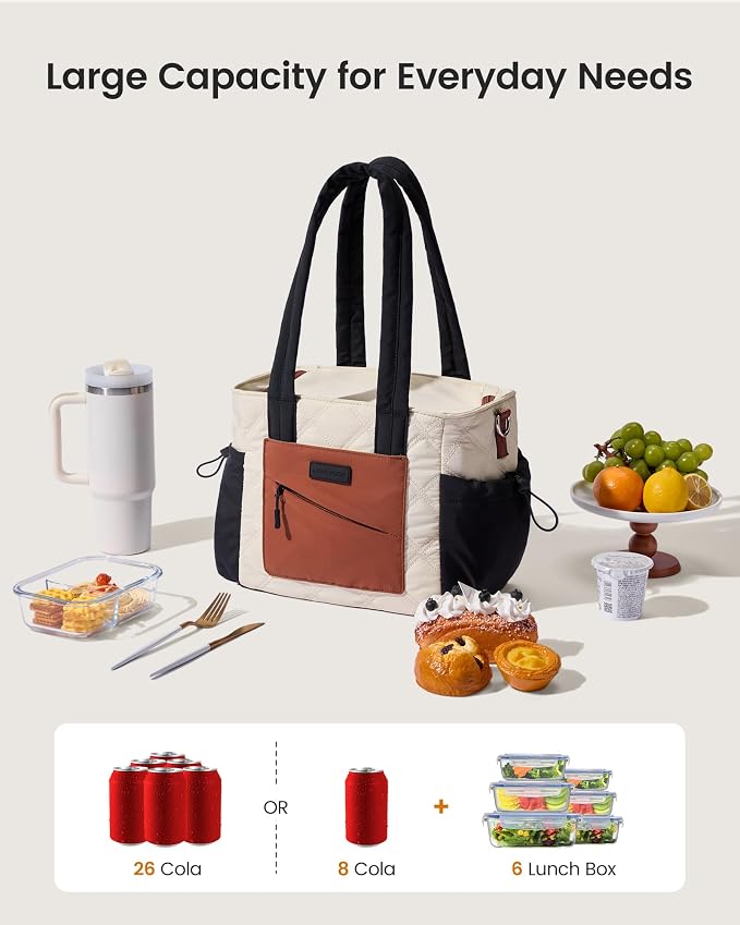 LOVEVOOK Lunch Box for Women, Quilted Insulated Lunch Bag Tote with 40oz Water Bottle Holder, Large Leakproof Cooler Bag for Women with Shoulder Strap, Work Office Nurse Teacher Picnic Travel