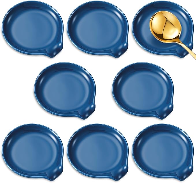 Irenare 8 Pcs Ceramic Spoon Rest for Stove Top, 3.74 Inch Porcelain Spoon Holder, Coffee Utensil Rest Heat Resistant Dishwasher Safe for Home Kitchen Accessories Gift(Blue)